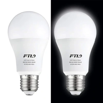 Image of FTL Dusk to Dawn Light Bulb LED 9W (60W Equivalent) Cool White 5000K E27 Outdoor Sensor for Porch, Garage, Garden,Pathway 2 Pack