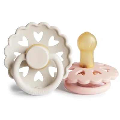 Image of FRIGG Fairytale Latex Pacifier Pack of 2 Natural Rubber Soother Dummy BPA Free Made in Denmark Symmetrical Cherry Shaped Nipple (Cream/Blush, Size 1 (0 6 Months))