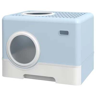Image of PawHut Enclosed Cat Litter Tray with Lid Front Entry Top Exit Scoop Blue