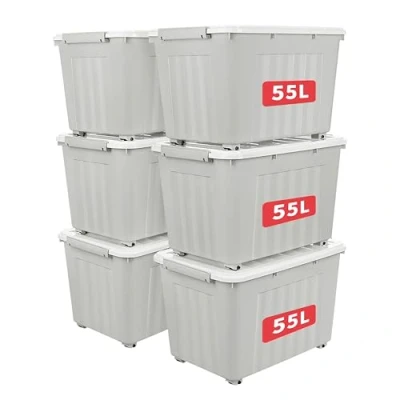 Image of Cetomo 55L*6 Aufbewahrungsboxen mit Deckeln, Kunststoff Aufbewahrungsbox Rollen und Clips, Kunststoffbox für Zuhause Büro, BPA frei, Nestbar, Stapelbar, Grau, 55L 6er Pack