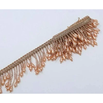 Image of Feathers Creation 1 X Yard Gold Bead Fringe Bridal Tassel Sew on Trim Curtain Edge Lace 2 inc (Rose with Pearl)