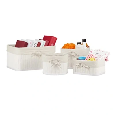 Image of Relaxdays Storage Basket Set of 4, Bamboo and Fabric Lining, Shelves Organiser in Different Shapes, White, Various Sizes