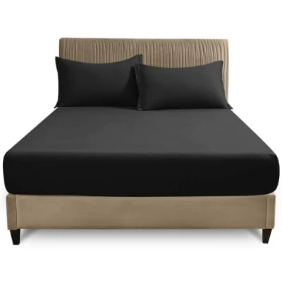 Image of Easy Care Fitted Sheets Super King, Poly Cotton Corner Elastic Bed Sheet, Luxury Bedding &amp; Linen, Black