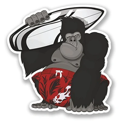 Image of 2 x Surf Gorilla Sticker Car Bike iPad Laptop Decal Travel Luggage Hawaii #4203 (10cm Tall 9.5cm Wide)