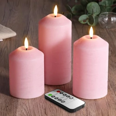 Image of Eywamage Pink Flameless Pillar Candles with Remote, Flickering Real Wax LED Battery Operated D 3&quot; H 4&quot; 5&quot; 6&quot;