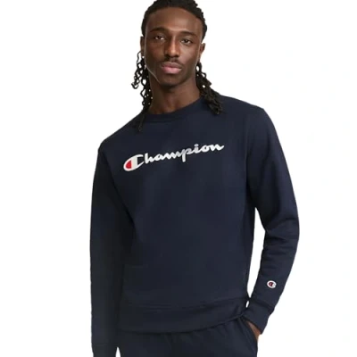 Image of Champion Men&#039;s Graphic Powerblend Fleece Crew Sweatshirt, Navy Script, Medium