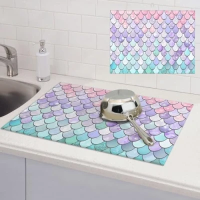 Image of Microfiber Dish Drying Mat for Kitchen Counter, Absorbent Pads, Non Slip Draining Mat, Large Mermaid Pink Purple Dishes Drainer Mats, 24&quot;x18&quot; Pad