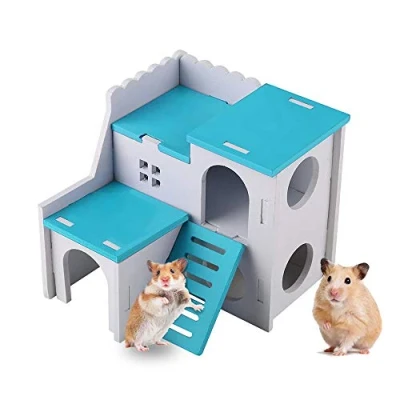 Image of WishLotus Wooden Hamster House, Small Animal Hideout House with Funny Climbing Ladder Exercise Toys, DIY 2 Layers Hut for Dwarf Hamster, Chinchilla, Rat, Gerbil