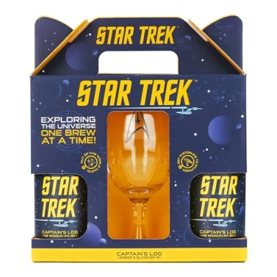 Image of Star Trek Captains Log IPA Gift Set. 2 x 330ml cans of Beer, 4.2% ABV, and Branded Chalice Glass. for Fans on Birthdays, Christmas or Father&#039;s Day