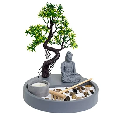 Image of London Boutique Zen Garden Thai Buddha Candle Holder White Sand Decorative Stones Wooden Shovel Round Base