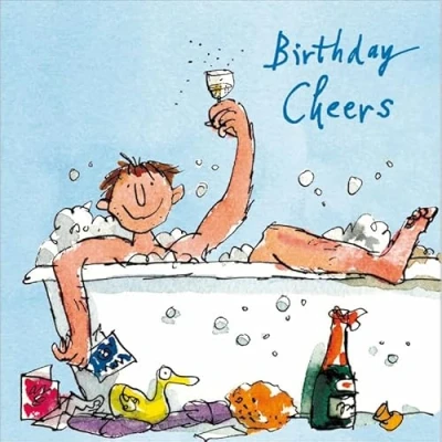 Image of Woodmansterne Male Birthday Card General for Men Man in a Bubble Bath with Champagne by Quentin Blake Eco Friendly and Recyclable