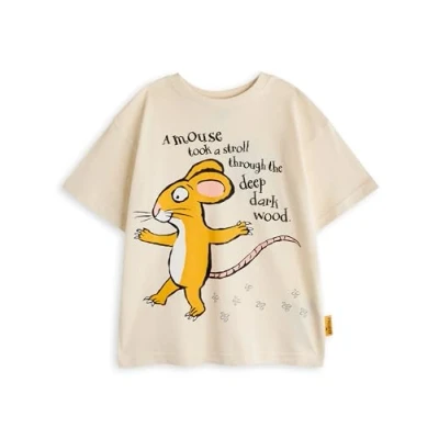 Image of Gruffalo &amp; Friends Kids Beige T Shirt Childrens Mouse Character Graphic Tee &#039;A Took a Stroll&#039; Printed Short Sleeved Top for Boys Girls Julia Donaldson Classic Story Book Merchandise Gift