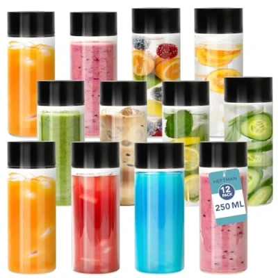 Image of HEFTMAN Plastic Juice Bottles with Lids 12 Pack 250ml Empty Sensory Black Screw Top Lids, Food Safe PET Clear for Water, Juice, Iced Coffee, Smoothie To Go