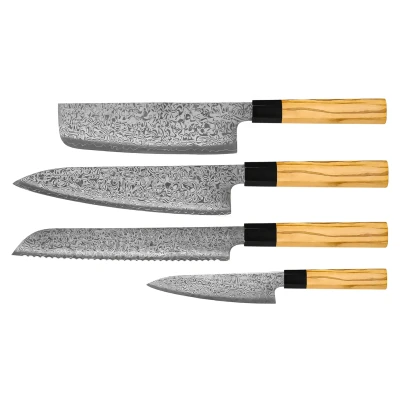 Image of Shinrai Knives Takumi Kaza 4 Piece Damascus Knife Set Chef's + Bread Nakiri Paring