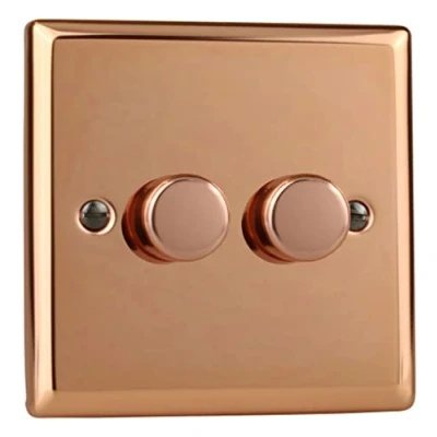 Image of Varilight 2 Gang Way V Pro Push On/Off Rotary LED Dimmer x 0 120W Polished Copper