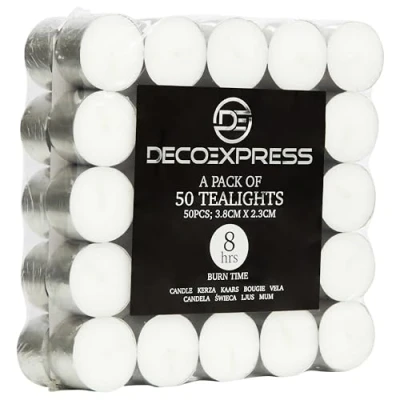 Image of Deco Express Tealight Candles Multipack of 200, 100, 50 or 24 4, 8 10 Hours Burning Time Tea Lights Unscented (White 50/4 Hours)