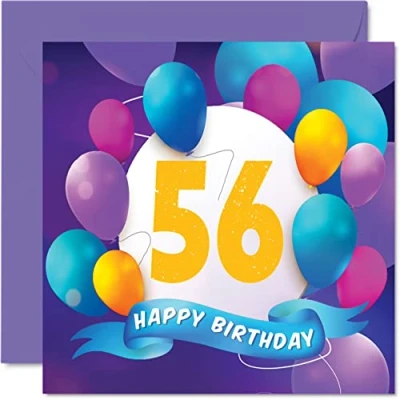 Image of 56th Birthday Card for Men Women Balloon Party Happy Cards 56 Year Old Man Woman Mum Dad Auntie Uncle Grandad Nan Grandma Brother Sister, 145mm x Bday Greeting Gift