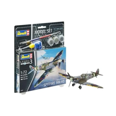 Image of Revell Model Set 63897 Supermarine Spitfire Mk.Vb 1:72 Scale Unbuilt/Unpainted Plastic Kit with Contacta Professional Glue, Paintbrush &amp; Selected Aqua Color Paints