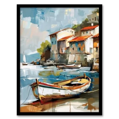 Image of Artery8 Fishing Village Oil Painting Boats Coastal Summer Living Room Artwork Framed Wall Art Print 18X24 Inch