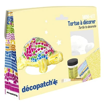 Image of Décopatch Ref KIT036C Turtle Mini Kit Suitable for Children Includes White Papier Mache Animal, 2 x Sheets, Brush &amp; Pot of PaperPatch Glue