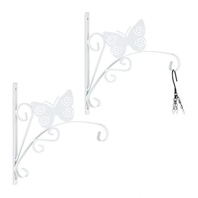Image of Relaxdays Hanging Basket Brackets, Set of 2, Butterfly Design, Wall Mounted, 30 x 2 cm, Plant Hanger, Iron, White