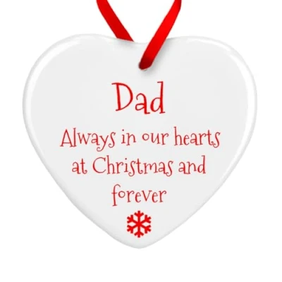 Image of Dad Always in our hearts at Christmas and Forever Memory Plaque Heart Bauble Memorial Xmas Tree Decoration (Red Ceramic)