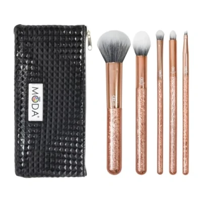 Image of MODA Royal &amp; Langnickel Full Size Crackle 6pc Makeup Brush Set with Pouch Includes Multi Purpose Powder, Contour, Eye Shader, Smoky Eye, and Angle Liner, Rose Gold