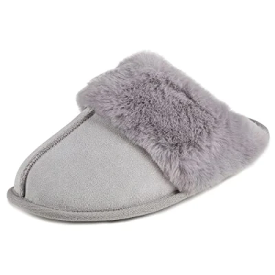 Image of Isotoner Ladies Real Suede Mule with Fur Cuff Grey