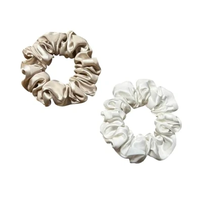Image of townssilk Silk Hair ties Bobbles scrunchies band 100% Pure Mulberry 22 Momme Friendly Luxury Elastic Striped 2pc coffee and White