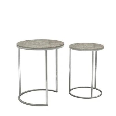 Image of URBNLIVING 2 Pcs Round Nesting Stacking Sofa Side Bedside End Tables Set Concrete Wooden Top with Chrome Legs Modern Space Saving Accent Coffee Tea for Living Room Bedroom Office