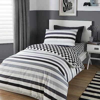 Image of Bedlam Black &amp; White Checkered Duvet Cover Double Bedding Size (200 x 200cm) Reversible (2 Designs) Striped Check in