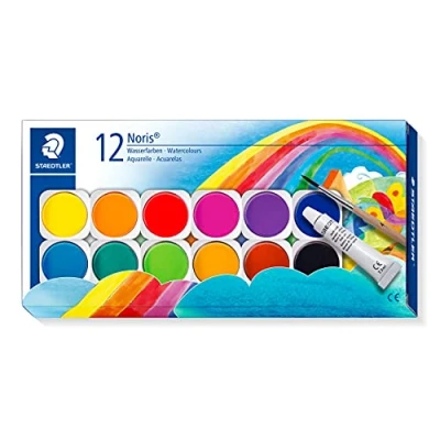 Image of STAEDTLER 888 NC12 Noris Watercolour Paints 12 Assorted Colours (Pack of 1 with Paint Brush &amp; Opaque Paint)