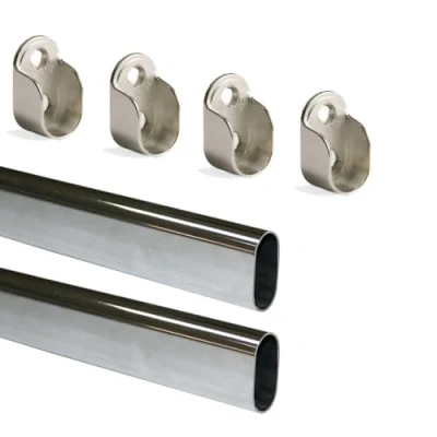 Image of Emuca Wardrobe Oval Hanging Rail Kit with End Supports, 950mm, Chromed, Aluminium and Zamak, Pack of 2