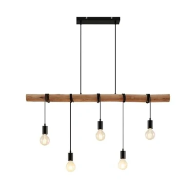 Image of Lindby Pendant Light Hanging Made of Wood and Rope, Black Brown, 5 Lights x E27, Modern with Wooden Beam, Lamp DIY Adjustable Height, Bulbs Not Included