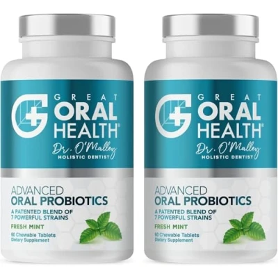 Image of Oral Probiotics for Mouth Bad Breath Treatment Adults Chronic Halitosis; Dentist Formulated Dental Teeth and Gums Health with BLIS K12 M18, 60 Chewable Tablets, Mint 2pk