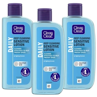 Image of Clean &amp; Clear Daily Deep Cleansing Sensitive Lotion, 200ml, Pack of 3 Oil Free Formula with Salicylic Acid Helps Prevent Spots Breakouts Click &#039;Customise Now&#039; for More Bulk Buy Options