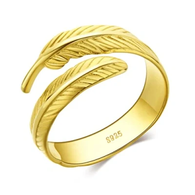 Image of Genuine 925 Sterling Silver Fashion 18k Gold Feather Opening Ring For Women Wedding Party Fine S925 Jewelry