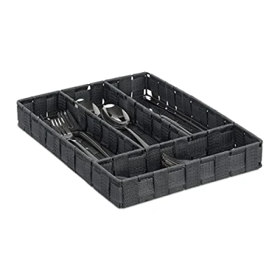 Image of Relaxdays Cutlery Tray, 4 Compartments, Kitchen Flatware Organiser, Drawer Insert, HxWxD: 4.5x26x36 cm, Grey
