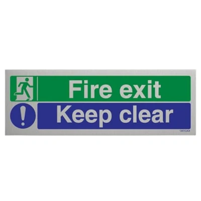 Image of V Safety Fire Exit Exit/Keep Clear Sign 300mm x 100mm 3mm Brushed Alu Comp