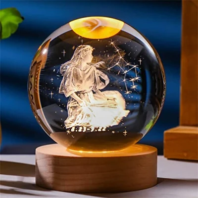 Image of Besot Laser Engraved Zodiac Sign Crystal Ball Miniature 3D Craft Decoration Glass Sphere Home Accessories Gift (Virgo, 2.36 Inches)