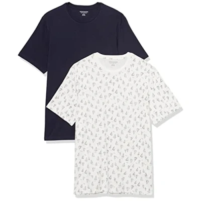 Image of Amazon Essentials Men&#039;s T Shirt Regular Fit Short Sleeve Crewneck, Pack of 2, Navy/White Boat Print, XS