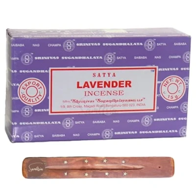 Image of Satya Nag Champa Lavender incense sticks x12 pack with SAMASIA holder Used for Laomatherapy, Spa, Yoga, Weddings, Meditation, Healing, Positivity and Relaxation