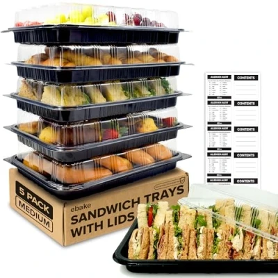Image of Pack of 5 Sandwich Platter Trays with Lids Reusable Plastic Buffet for Catering, &amp; Meal Prep Serving Parties, Events and Birthdays 39 x 29 7.5cm