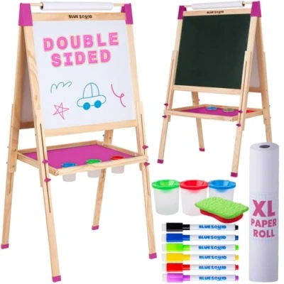 Image of Blue Squid Art Easel for Kids Dual Sided Adjustable Wooden Painting Easels, Ideal Toddlers and Children Gifts with Magnetic Chalk Board, White Board &amp; Paper Roll, Includes Accessories
