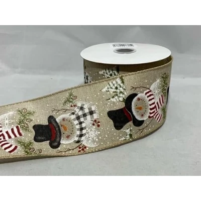 Image of 2 Meters x 63mm Wired Ribbon Natural Snowman Christmas Hessian Style 6.3cm