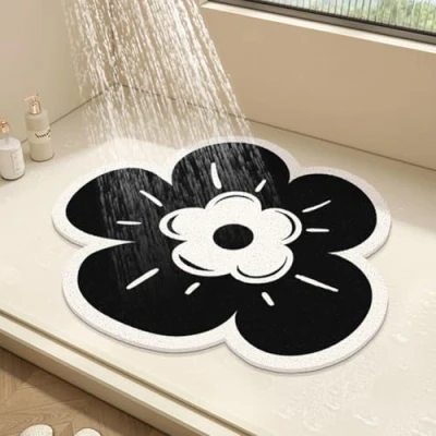 Image of Round Shower Mat Flower Bath for Inside Shower,PVC Loofah Bathroom Floor Mat,Non Slip Bathmat Anti Mould with Drain,Quick Drying (Black,60x60cm)