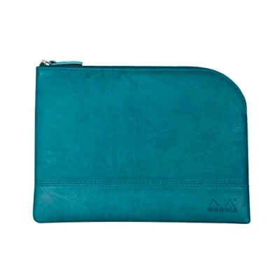 Image of RHODIA 116636C Faux Leather Zipped Pouch Turquoise Size M (16x22 cm) Real Stitching Orange Fabric Interior Storage for Documents, Small Supplies
