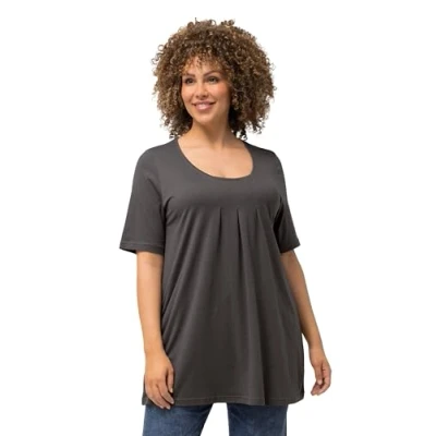 Image of Ulla Popken Women&#039;s T Shirt, Zierfalten, A Linie, Rundhals, Halbarm, Modal, Graphite Grey, 24 UK/26 UK