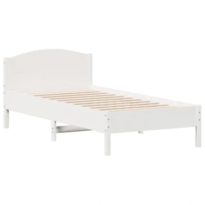 Image of vidaXL Solid Pine Wood Bed Frame w/Headboard White, for Small Single Mattress 75x190 cm, Modern Plywood Support Slats
