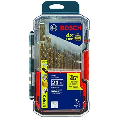 Image of BOSCH CO21 21 Piece Assorted Set with Included Case Cobalt Metal Drill Bit Three Flat Shank for Drilling Applications in Stainless Steel, Cast Iron, Titanium, Light Gauge Metal, Aluminum